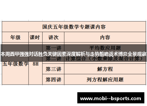本周西甲强强对话胜负关键因素深度解析与走势前瞻战术博弈全景观察